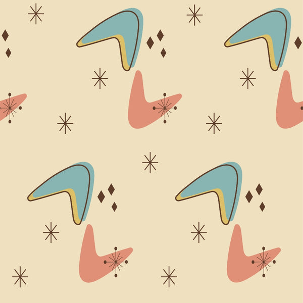 mid-century modern, boomerang shapes, atomic starburst, retro pattern, teal blue, coral pink, cream background, geometric design, 1950s style, abstract shapes, diamond accents, vintage atomic, modernist motifs,, fabric panel, repeating pattern, space age design, minimalist aesthetic