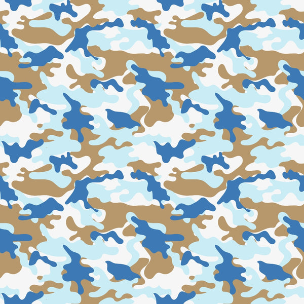 Abstract pattern with blue, brown, and white shapes, resembling camouflage.