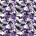 A camouflage pattern featuring abstract shapes in purple, black, white, and gray.