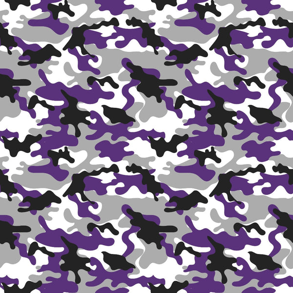A camouflage pattern featuring abstract shapes in purple, black, white, and gray.