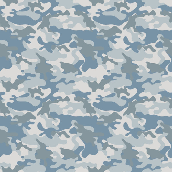 Blue and gray camouflage pattern with abstract shapes.
