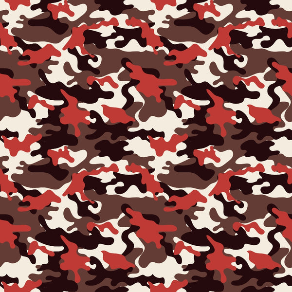 A seamless camouflage pattern with irregular shapes in red, brown, and cream colors.