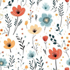 Minimalist Boho Flowers Pattern 9 Fabric featuring floral design, bohemian style, soft cotton texture, orange, blue, cream, green leaves, delicate stems, handcrafted, natural inspiration, quilting material, lightweight fabric.