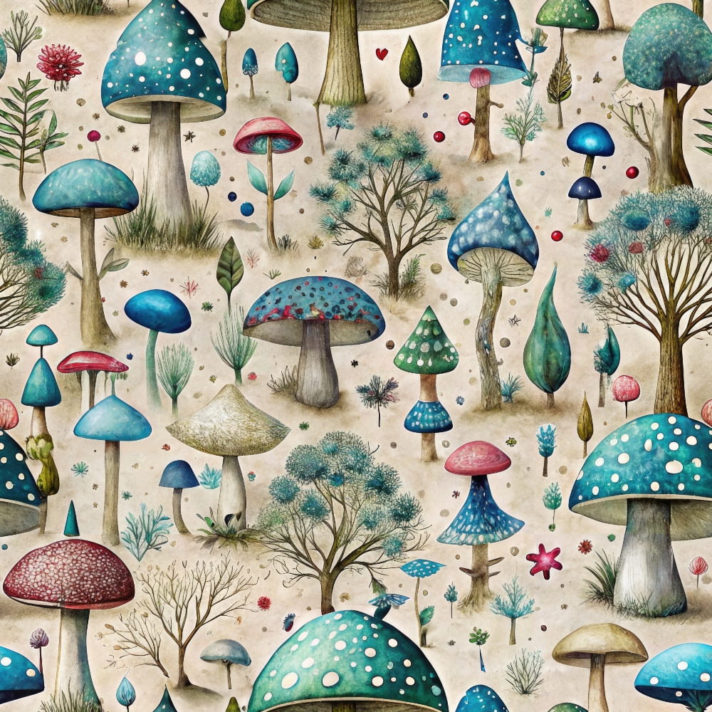 Illustrated pattern of various colorful mushrooms and trees on a beige background, featuring red, blue, and green hues, with small decorative elements like dots and stars.