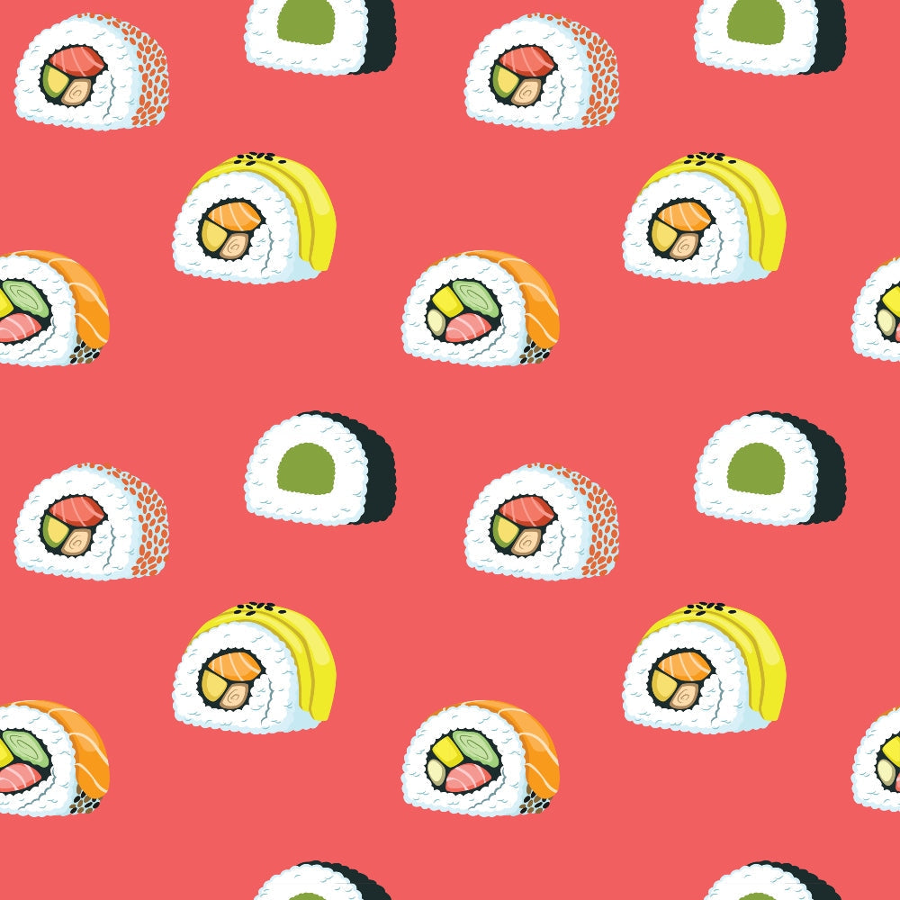 Pattern of various sushi rolls, including salmon, avocado, and yellow topping, on a red background.
