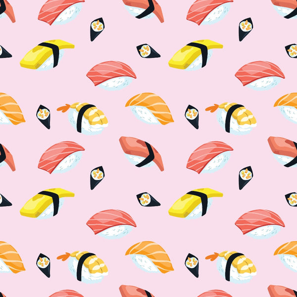 Pattern of assorted sushi pieces, including nigiri and rolls, on a light pink background.
