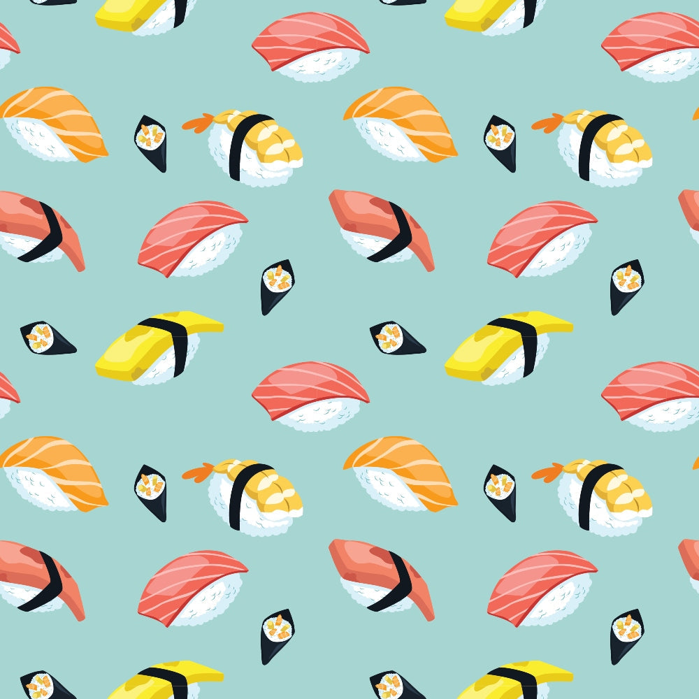 Seamless pattern of assorted sushi pieces, including nigiri and maki, on a light green background.