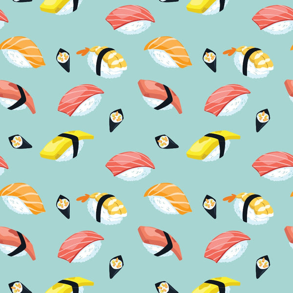 Seamless pattern of assorted sushi pieces, including nigiri and maki, on a light green background.