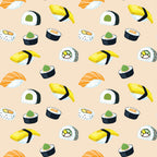 Pattern of various sushi pieces on a beige background.