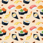 Pattern of various sushi types, including nigiri, maki, temaki, with wasabi and soy sauce dots on a beige background.