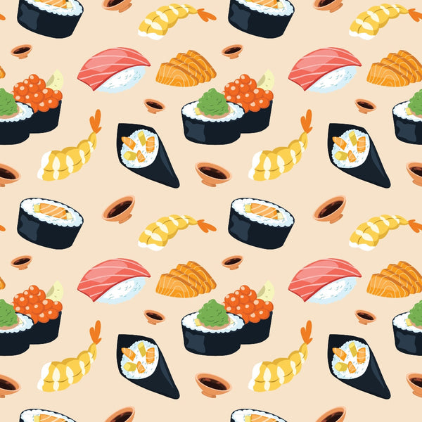 Pattern of various sushi types, including nigiri, maki, temaki, with wasabi and soy sauce dots on a beige background.