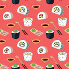 Pattern of sushi rolls, soy sauce bowls, wasabi, and chopsticks on a red background.