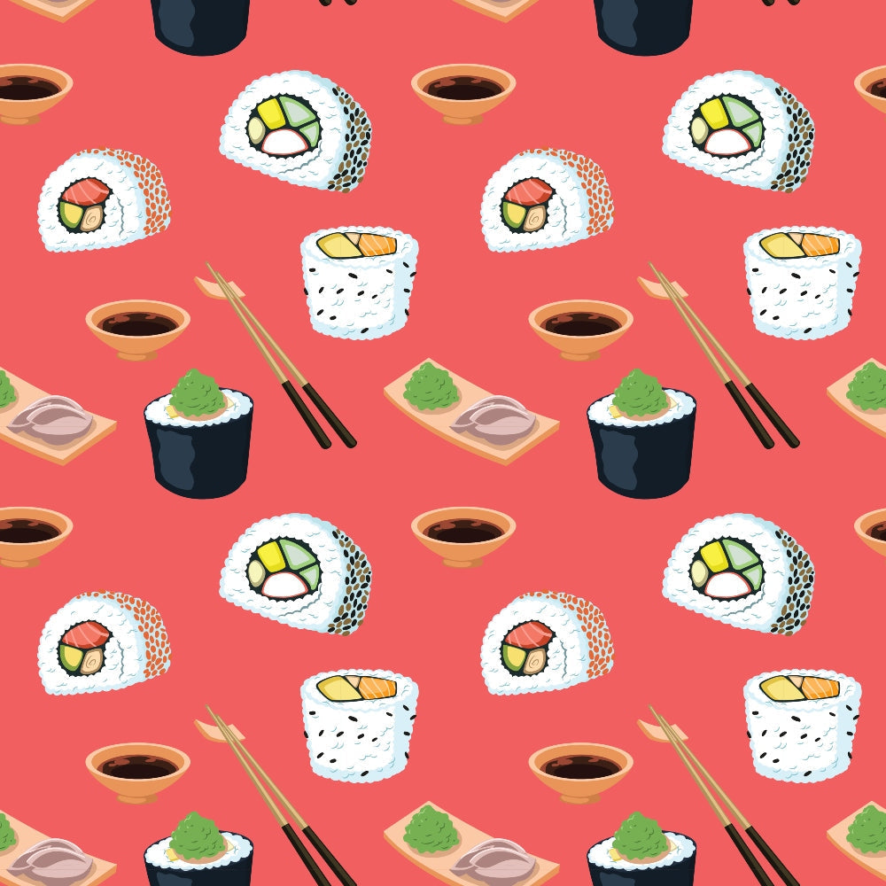 Pattern of sushi rolls, soy sauce bowls, wasabi, and chopsticks on a red background.