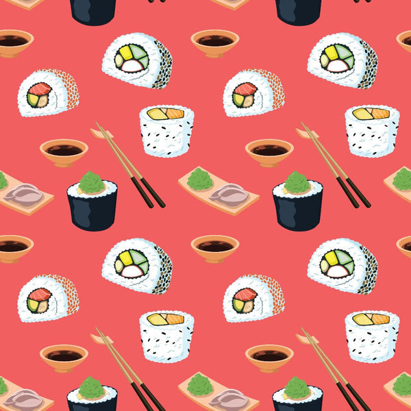 Pattern of sushi rolls, soy sauce bowls, wasabi, and chopsticks on a red background.