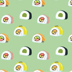 Pattern of various sushi rolls on a light green background, featuring different fillings like avocado, salmon, and cucumber.
