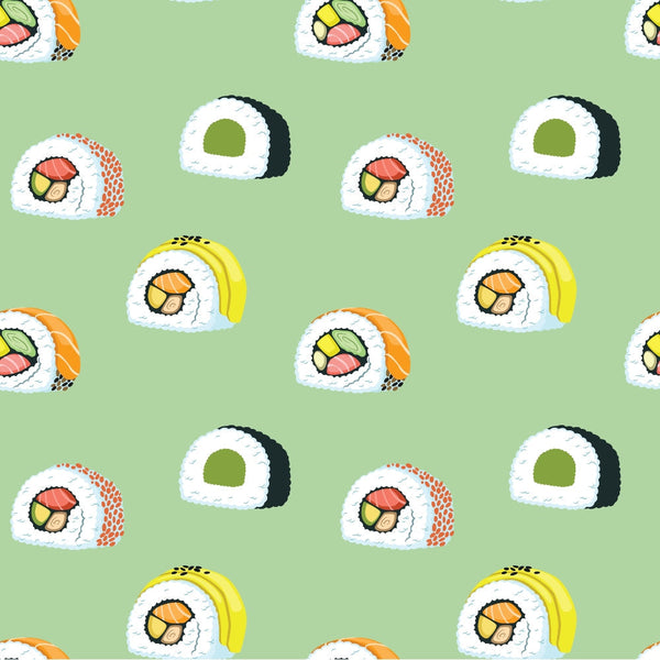Pattern of various sushi rolls on a light green background, featuring different fillings like avocado, salmon, and cucumber.