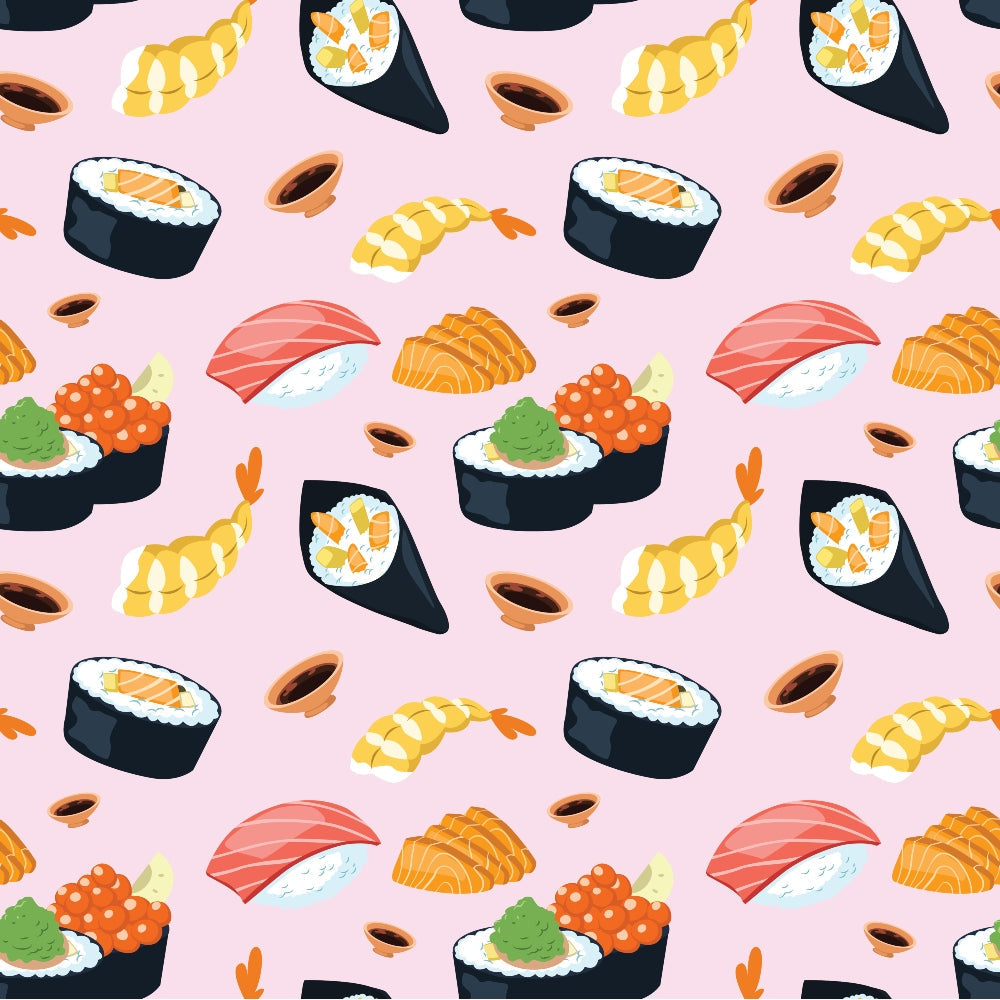 Illustrated pattern of various sushi types including rolls, nigiri, and sashimi on a light pink background.