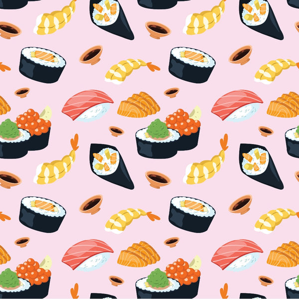 Illustrated pattern of various sushi types including rolls, nigiri, and sashimi on a light pink background.