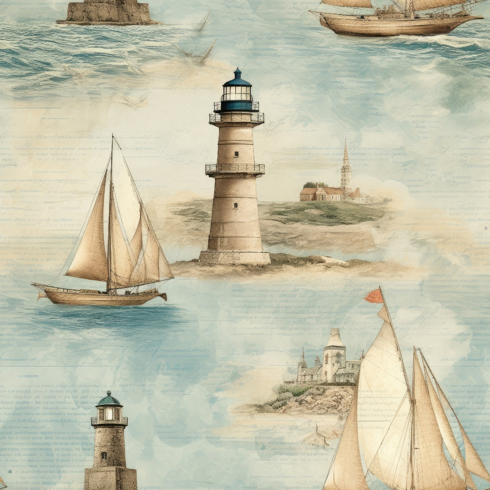 Illustrated nautical scene featuring lighthouses, sailboats, and coastal backgrounds against a blue sky.