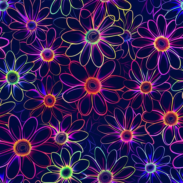 Neon Daisy Pattern 11 Fabric, quilting, cotton, fabric, floral, flowers, neon colors, glowing, bright, vibrant, multicolor, dark background, daisy motif, textile, material, craft fabric, decorative