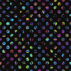 neon colors, black background, circular dots, striped patterns, geometric design, polka dots, rainbow stripes, vibrant hues, electric blue, hot pink, lime green, purple, turquoise, yellow accents, modern pattern,, fabric panel, contemporary style, bright colorway, scattered circles