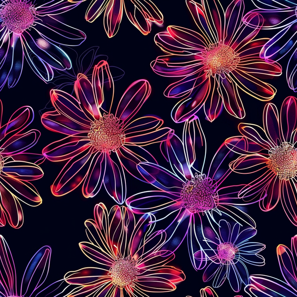 '- Neon Daisy Pattern 8 Fabric - Bright floral design - Neon pink, purple, orange, yellow colors - material - Glowing flower outlines - Black background - Vibrant, soft texture - Premium quilting fabric - Artistic floral print - Decorative fabric yardage
