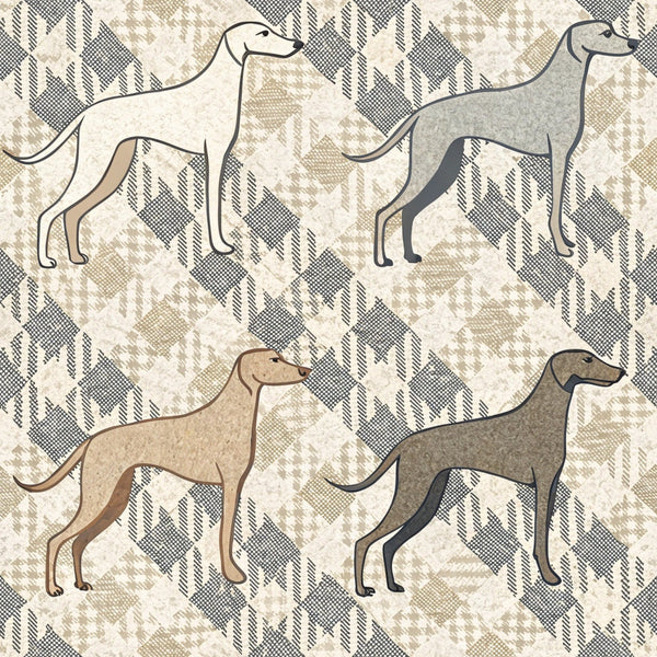 neutral tones, beige, cream, taupe, gray, houndstooth pattern, geometric background, greyhound silhouettes, dog breed, whippet, sighthound, minimalist style, elegant design,, fabric panel, sophisticated palette, modern aesthetic, pet theme, canine motif, textile design