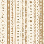 Abstract pattern with vertical lines featuring geometric shapes, dots, zigzags, and organic motifs in earthy tones on a cream background.