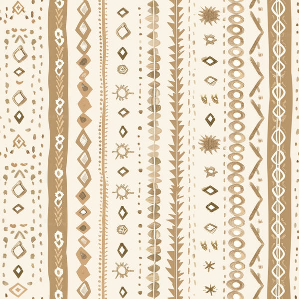 Abstract pattern with vertical lines featuring geometric shapes, dots, zigzags, and organic motifs in earthy tones on a cream background.