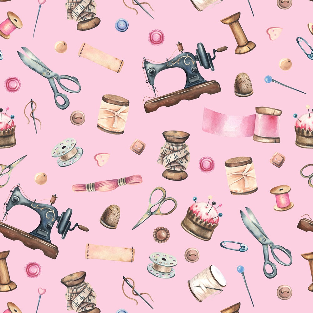 Illustrated sewing items pattern with sewing machines, scissors, threads, buttons, and thimbles on a pink background.