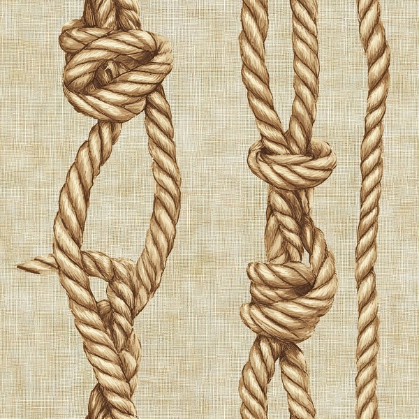 rope knots, nautical design, beige background, brown rope, twisted cord, maritime theme, sailing knots, natural fiber texture,, fabric panel, western ranch, cowboy rope, lasso knots, tan colorway, rope pattern, rustic style, outdoor adventure, rope work, knot tying, cream base