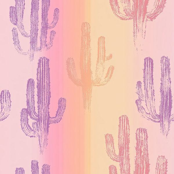 pink, purple, coral, peach, gradient background, cactus pattern, saguaro cactus, desert theme, southwestern, sketched style, botanical print,, fabric panel, pastel colors, sunset hues, repeating pattern, western motif, desert plants, hand-drawn effect, crafting fabric