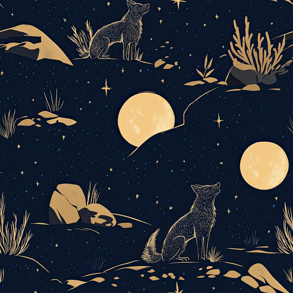 navy blue, golden yellow, cream, night sky, stars, moon, coyotes, wolves, desert plants, rocks, southwestern, celestial, wildlife,, fabric panel, mystical, nocturnal, desert landscape, repeating pattern, silhouettes