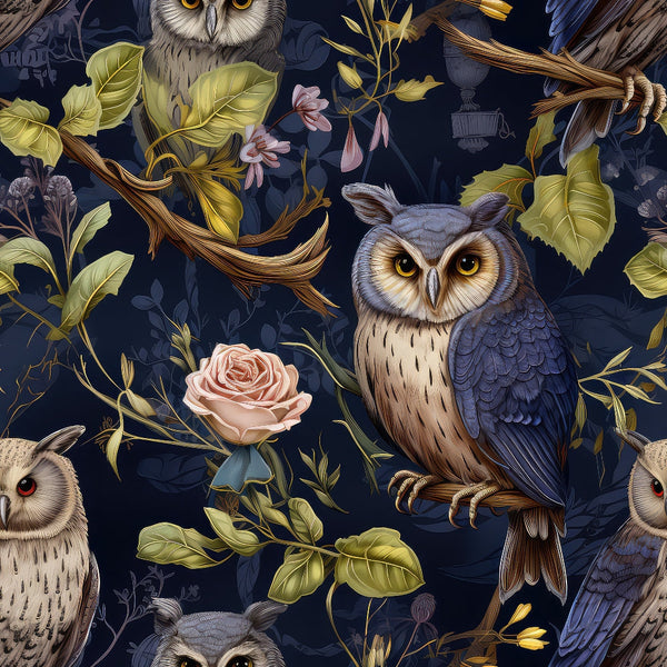Pattern featuring owls perched on branches surrounded by leaves, flowers, and a dark background.