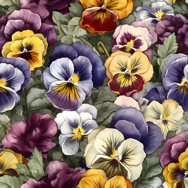 pansy flowers, purple petals, yellow centers, orange blooms, lavender hues, burgundy flowers, floral pattern, botanical design, garden flowers,, fabric panel, realistic illustration, dense floral, green foliage, spring blooms, violet tones, watercolor style, nature motif, seamless pattern, detailed petals