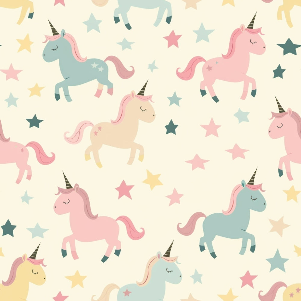 Sleepy Skies Pattern 13 fleece fabric with pastel pink, blue, and beige unicorns and stars on a cream background