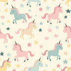 Sleepy Skies Pattern 13 fleece fabric with pastel pink, blue, and beige unicorns and stars on a cream background