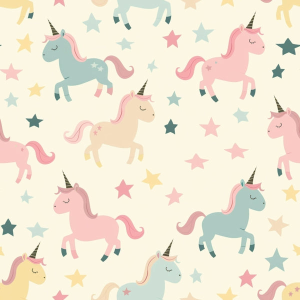 Sleepy Skies Pattern 13 fleece fabric with pastel pink, blue, and beige unicorns and stars on a cream background