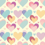 Sleepy Skies Pattern 20 fleece fabric with overlapping pink, mint, yellow, peach, lavender and blue hearts on a soft pastel ground