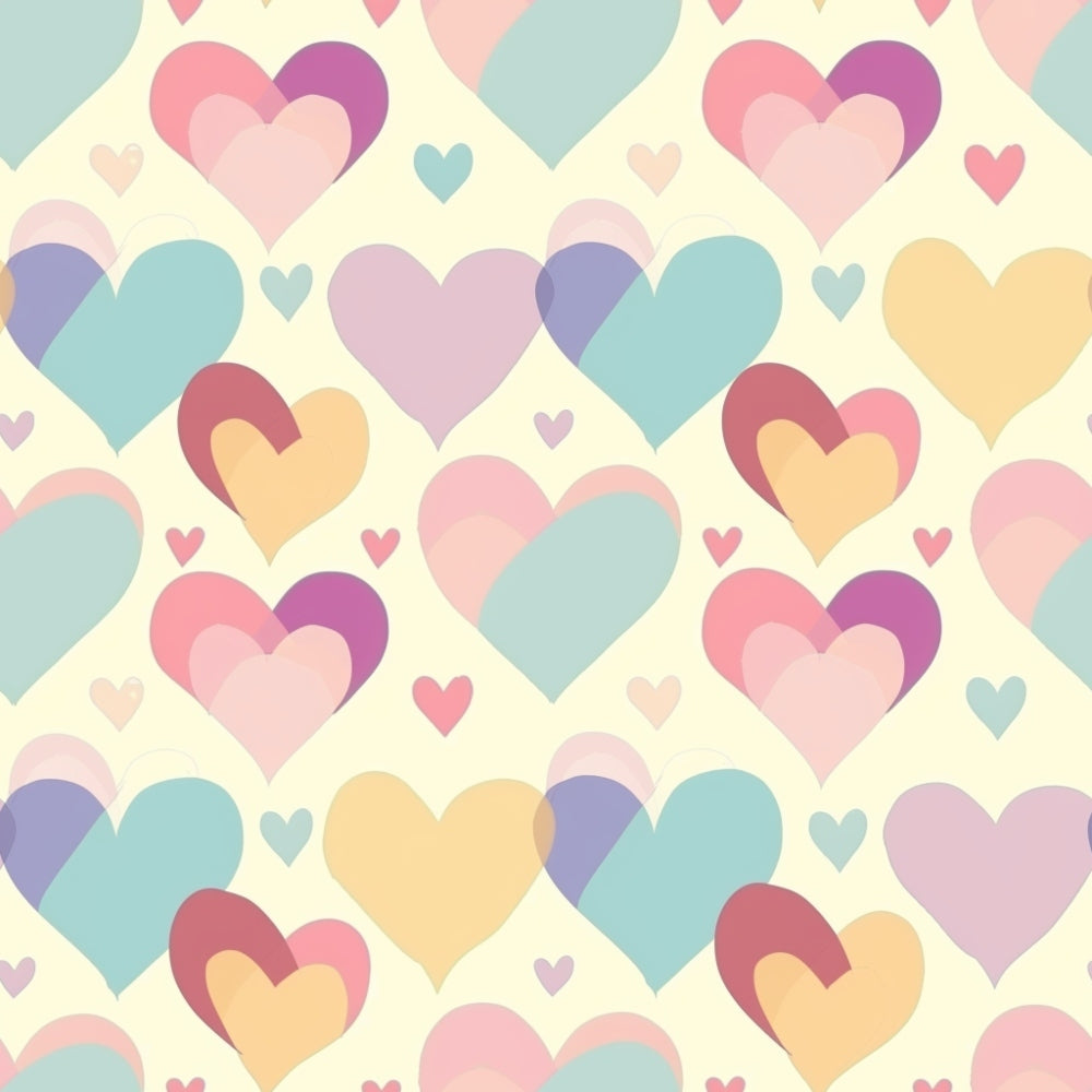 Sleepy Skies Pattern 20 fleece fabric with overlapping pink, mint, yellow, peach, lavender and blue hearts on a soft pastel ground