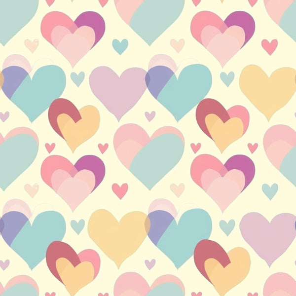 Sleepy Skies Pattern 20 fleece fabric with overlapping pink, mint, yellow, peach, lavender and blue hearts on a soft pastel ground