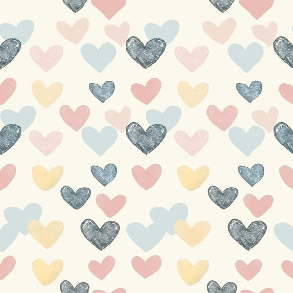 Sleepy Skies Pattern 21 fleece fabric with pastel pink, blue, yellow and peach hearts on a soft cream ground