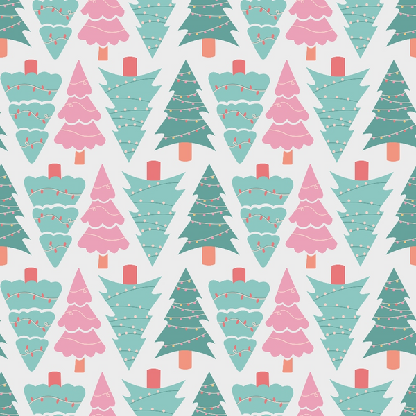 Pattern of alternating stylized Christmas trees in green and pink with string lights, set against a white background.