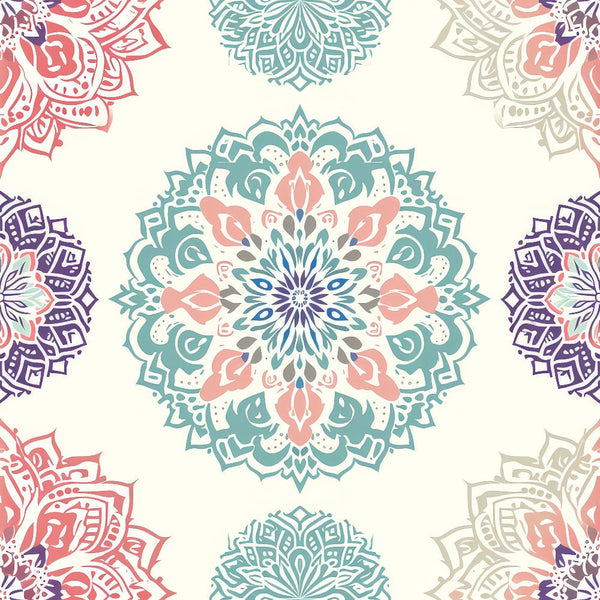 Colorful mandala patterns in blue, pink, purple, and beige, arranged symmetrically on a light background.