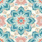 Intricate floral mandala pattern with teal, coral, and beige colors, featuring symmetrical geometric shapes and floral motifs on a light background.