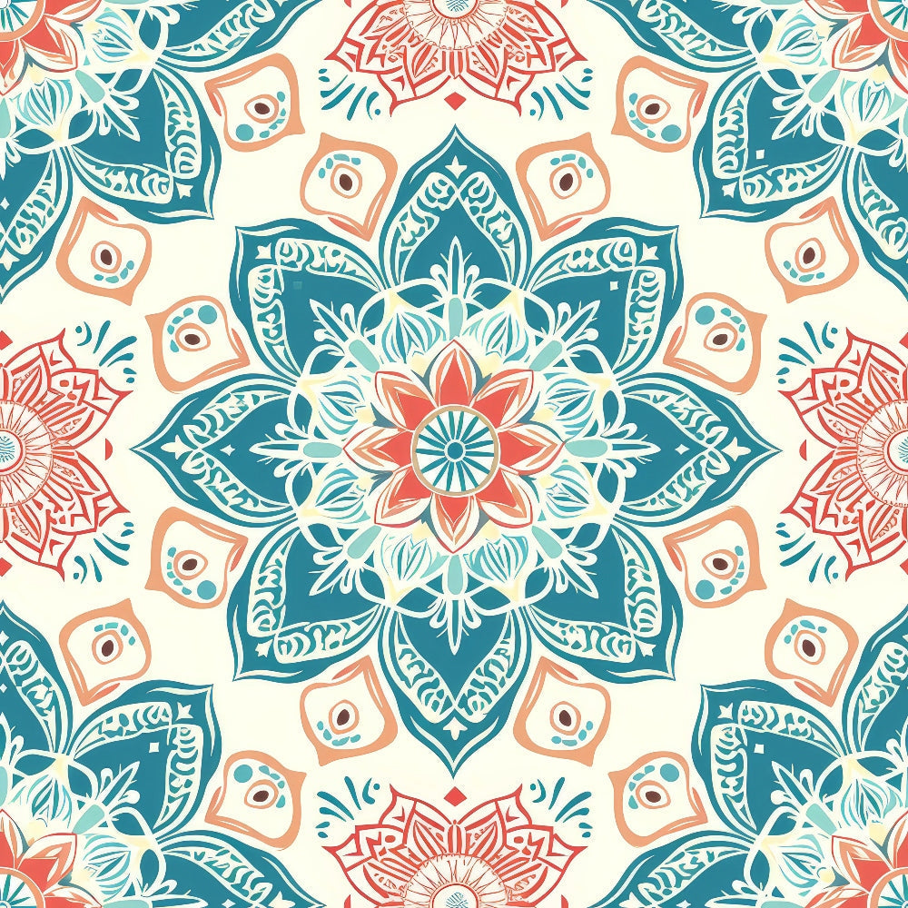 Intricate floral mandala pattern with teal, coral, and beige colors, featuring symmetrical geometric shapes and floral motifs on a light background.