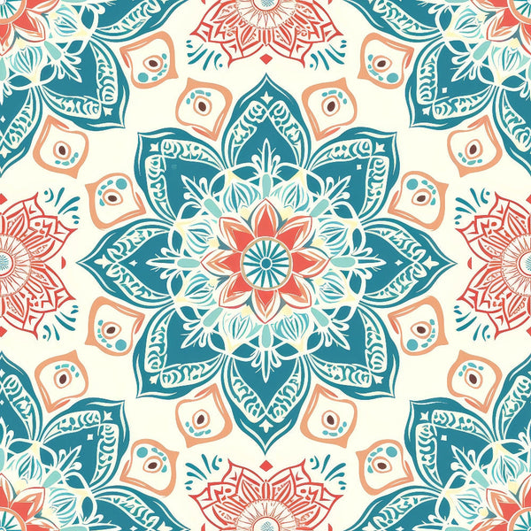 Intricate floral mandala pattern with teal, coral, and beige colors, featuring symmetrical geometric shapes and floral motifs on a light background.