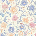 Floral wallpaper pattern with blue, pink, and peach flowers and green leaves on a light background.