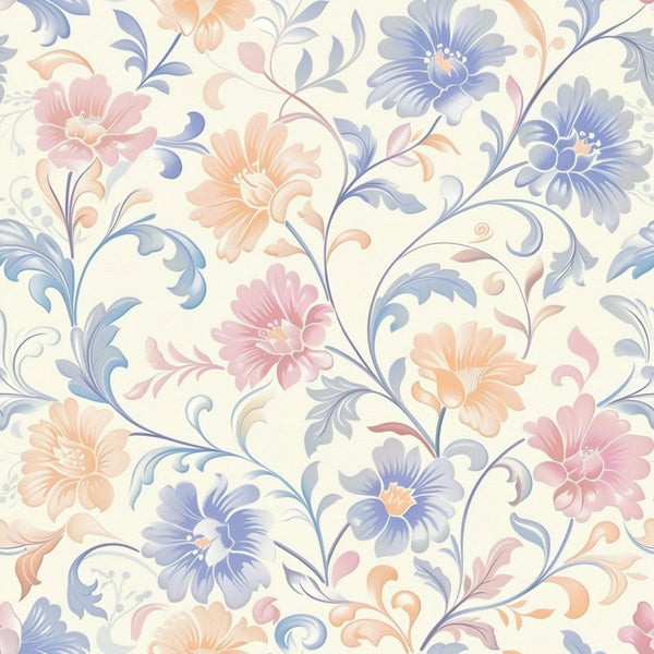 Floral wallpaper pattern with blue, pink, and peach flowers and green leaves on a light background.