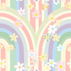 Pattern with pastel rainbow arches and scattered daisy flowers in soft colors.
